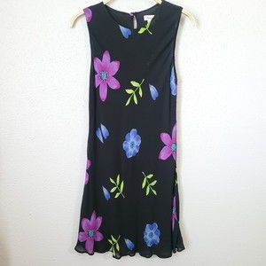 Tessuto Vintage Black Multi Floral Print Chiffon A-Line Dress Size Medium